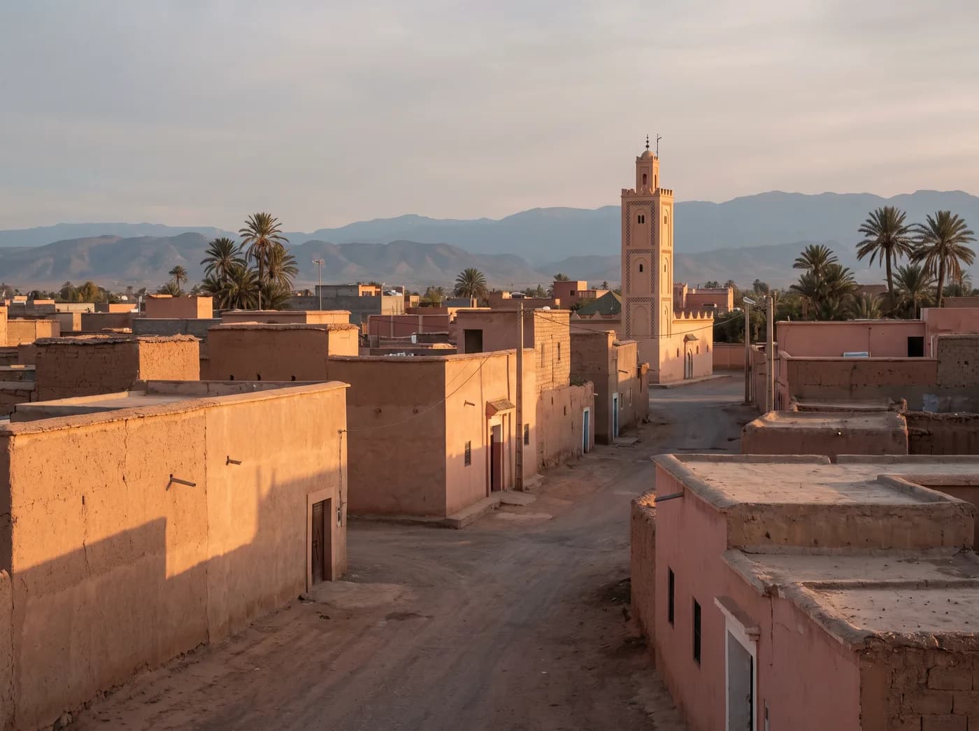 A Moroccan town at golden hour — earth walls, palms, and the Atlas foothills beyond