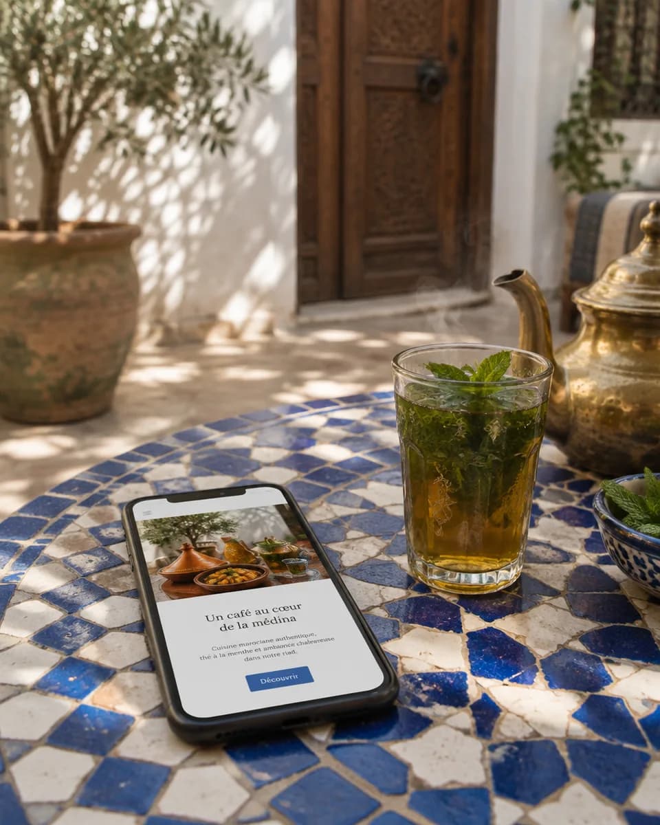 Un téléphone affiche le site d’un café sur une table en zellige bleu, dans la cour d’un riad, à côté d’un verre de thé à la menthe et d’une théière en laiton