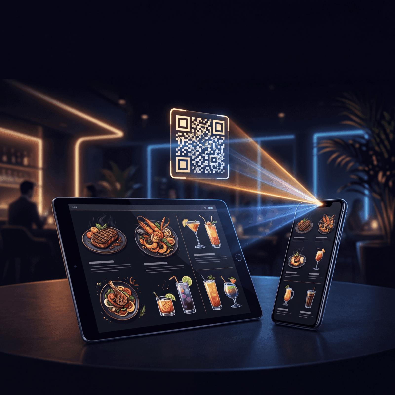 A QR smart menu shown on a tablet and phone in a restaurant