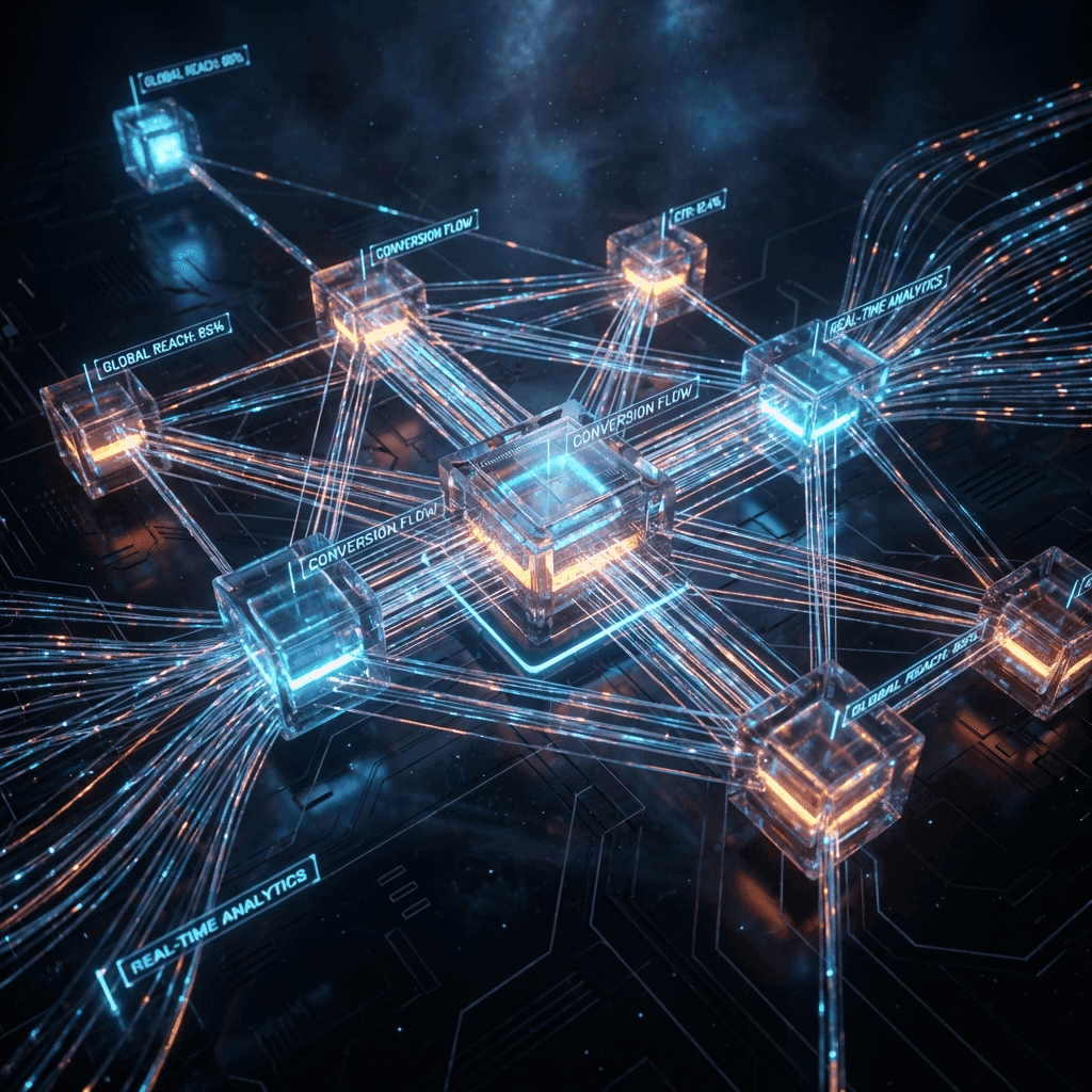 A connected blue-and-orange content and social media network