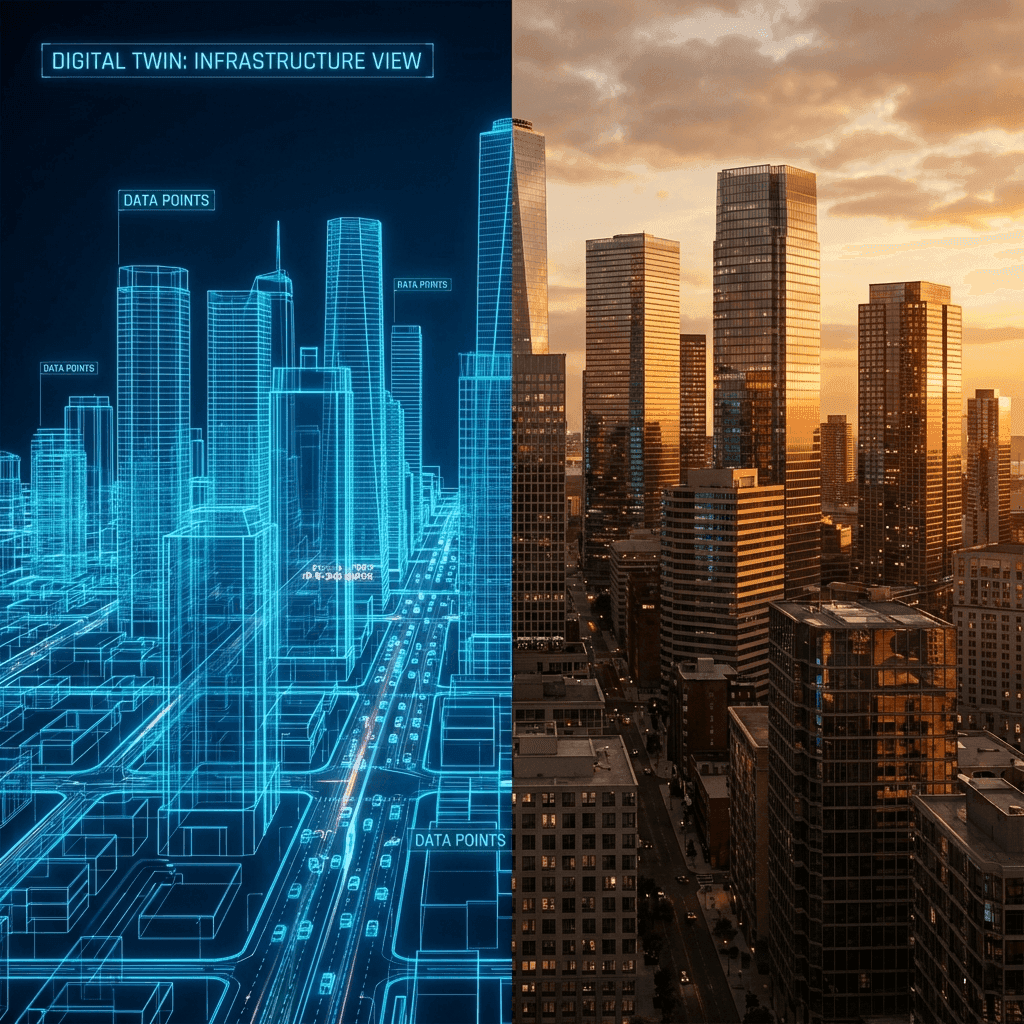 A real city skyline beside its live 3D digital-twin infrastructure scan
